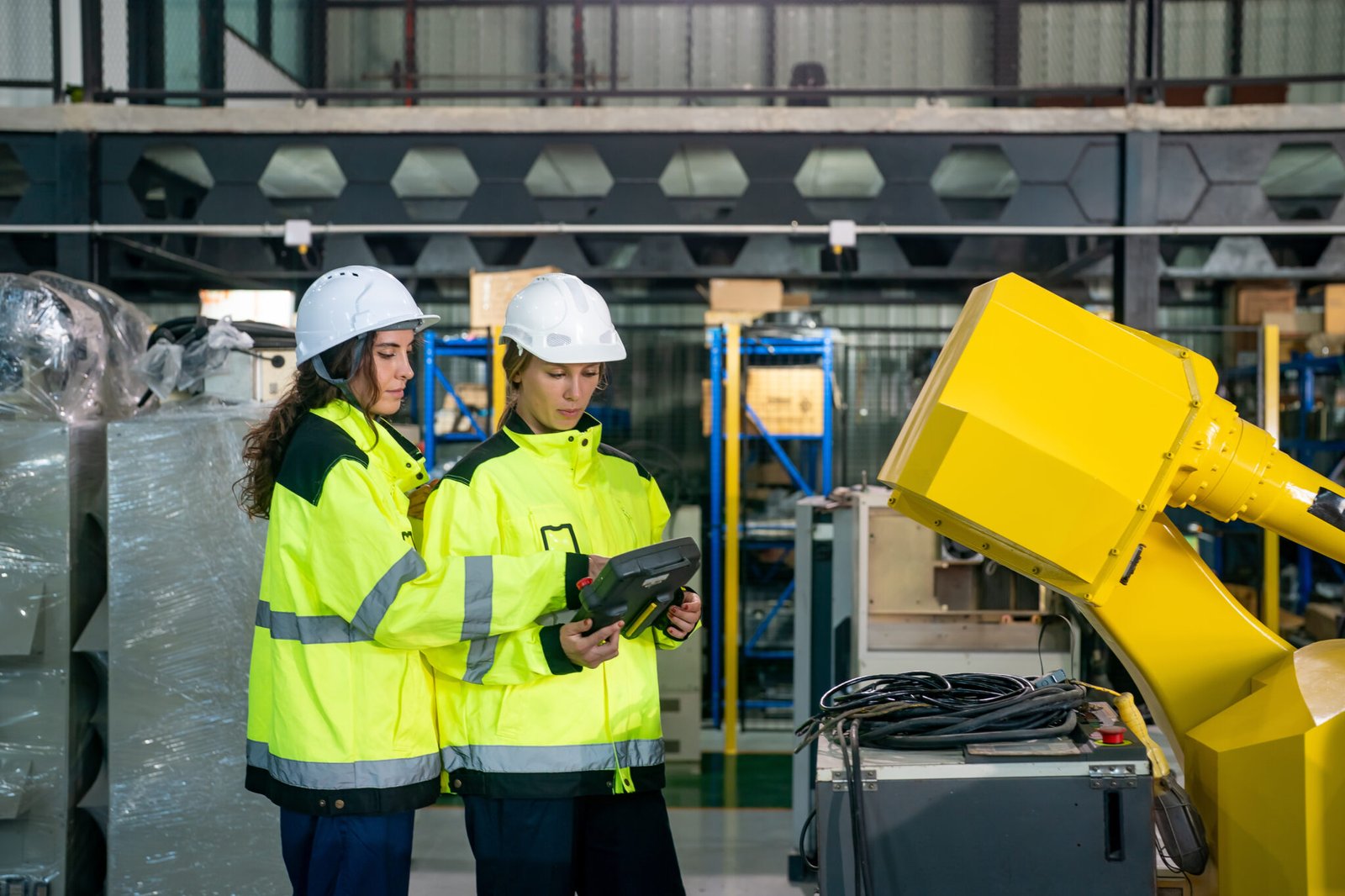 Two female engineers operating a yellow robotic arm during Robotics Training & Automation Workforce Integration, showcasing hands-on learning in industrial automation.