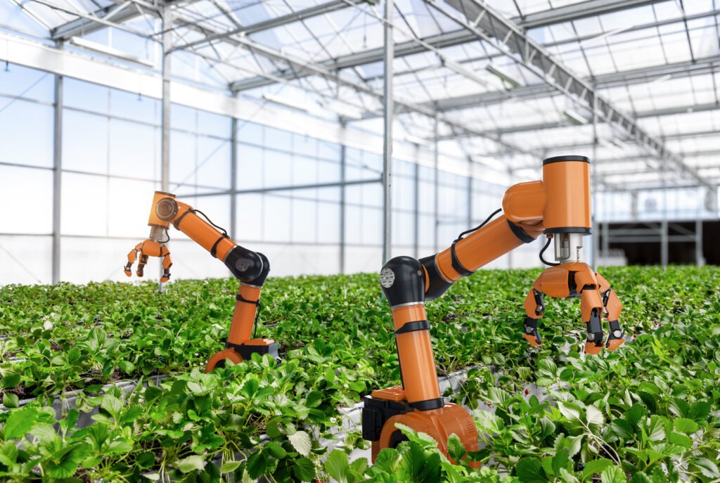 Environmental Robotics Solutions featuring a 3D-rendered robotic arm and robot assistant harvesting strawberries in a high-tech indoor farm or glasshouse.