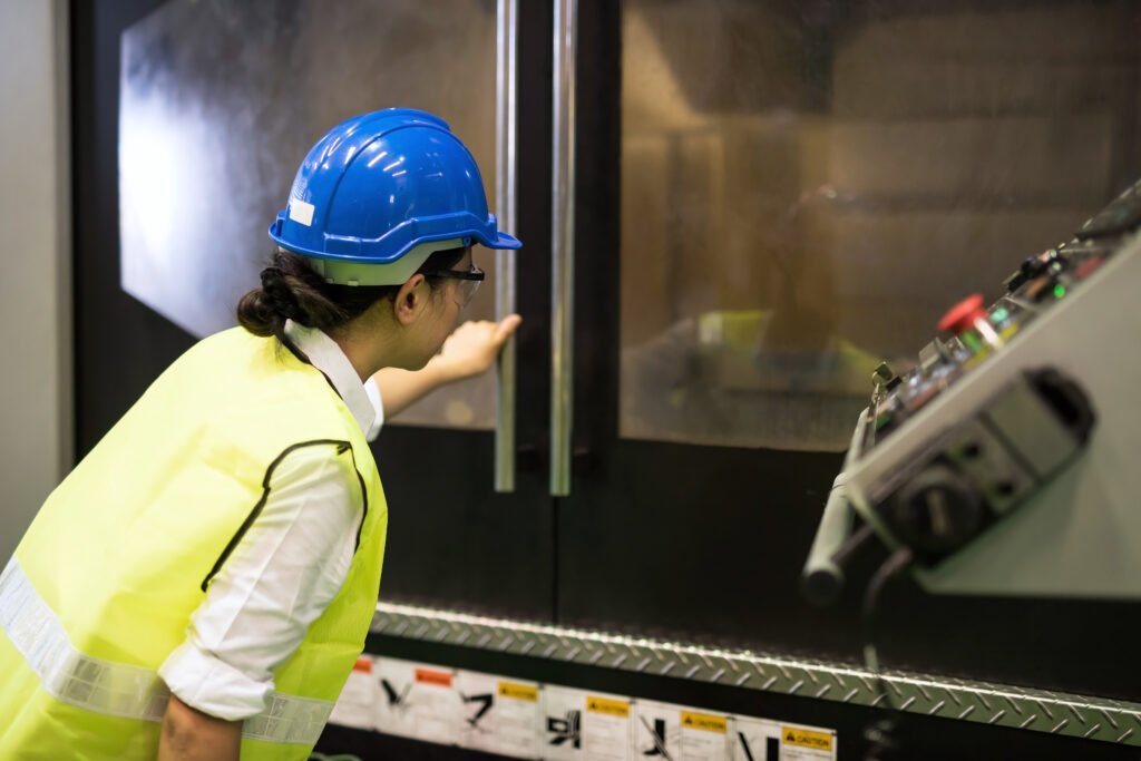 Factory technician inspecting robotic equipment during a Robot Safety Audits & Risk Assessment, ensuring compliance and safe machine operation in an industrial setting.