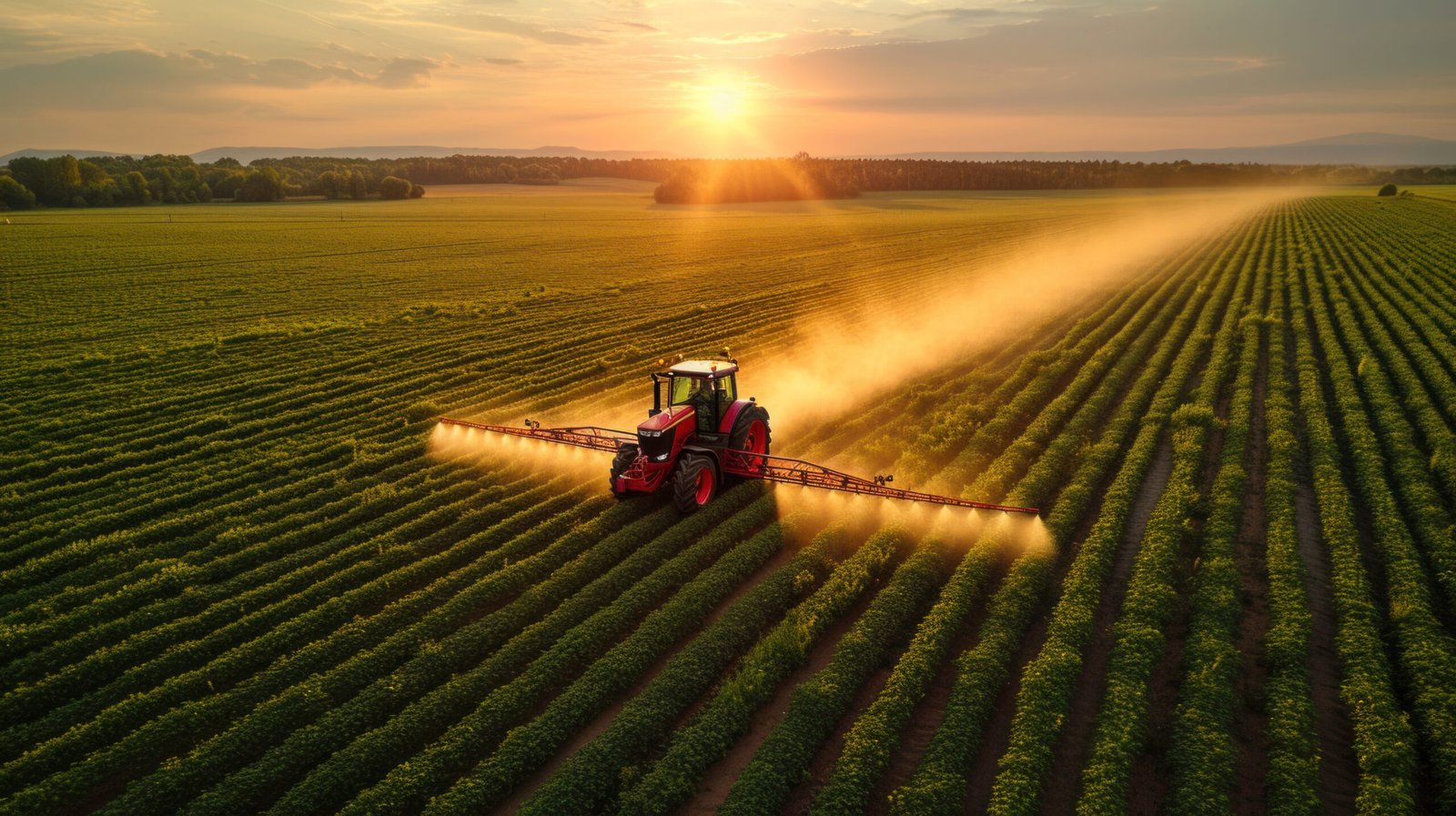 Modern tractor spraying rural farmland from a drone’s perspective, showcasing the power of Farming Automation in agriculture.