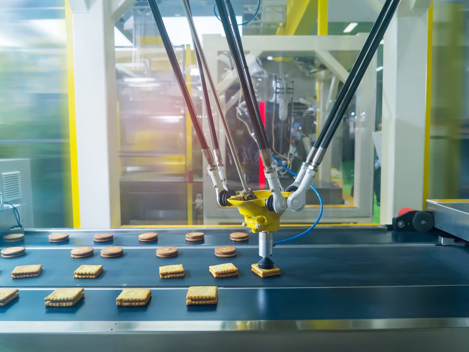 Automated biscuit-making machine operating on a food production line, demonstrating advanced restaurant automation technology in a modern manufacturing facility.